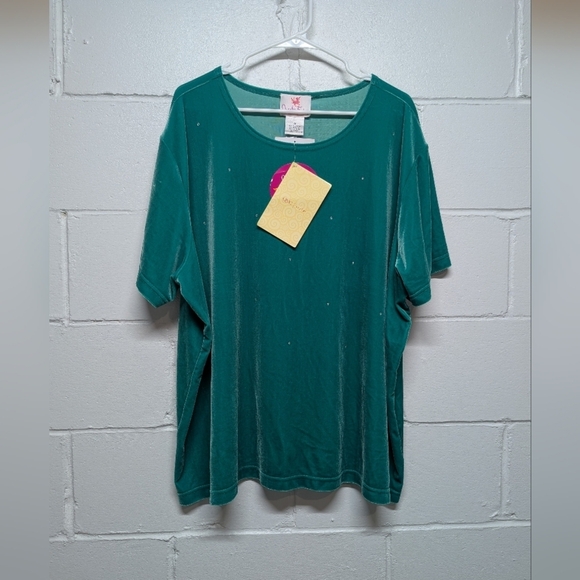 Quacker Factory (3X) Kelly Green Teal Short Sleeve Top Rhinestones NWT - Picture 1 of 9